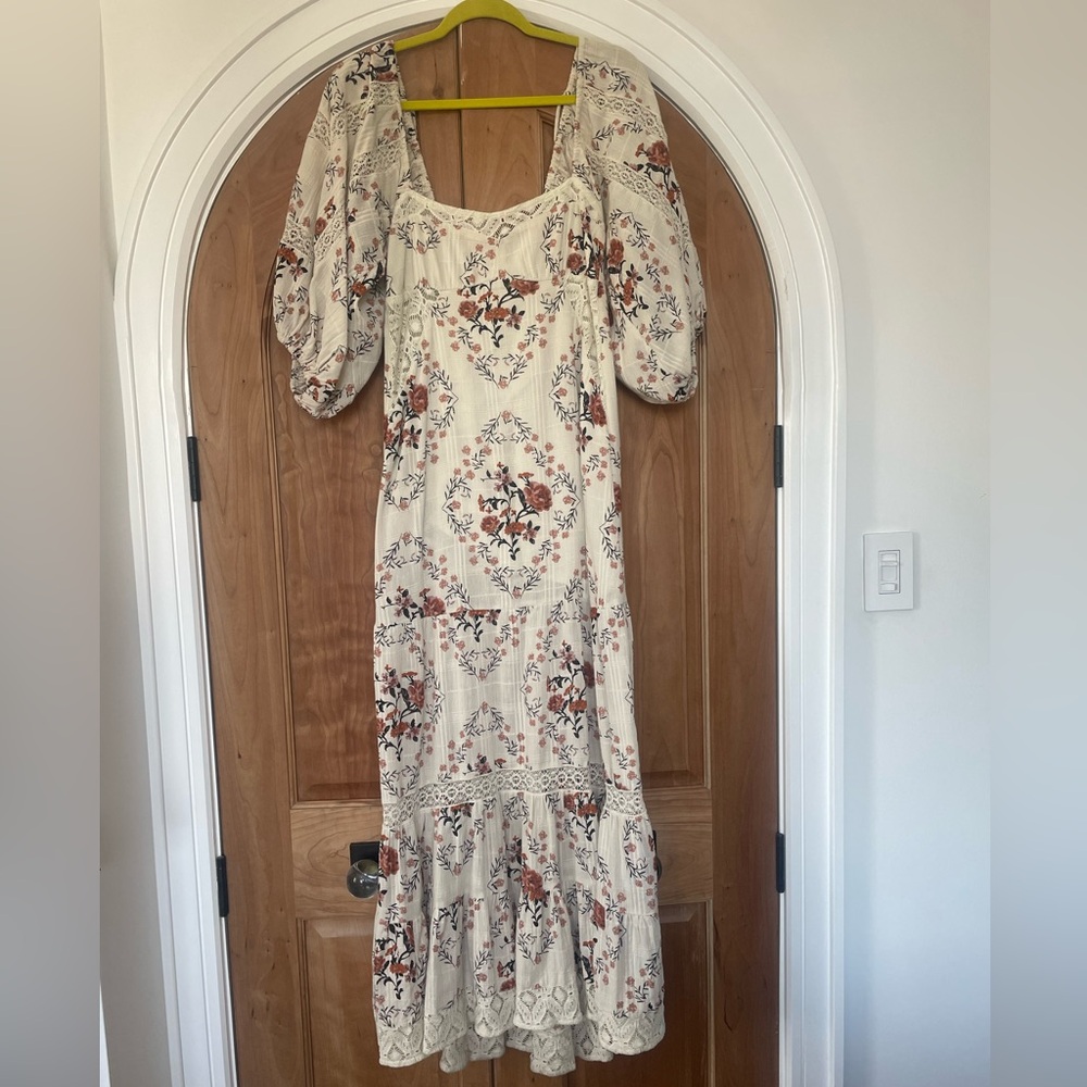 Free People Western Floral Maxi Dress With Embroidery 3/4 Puff Sleeve